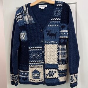 Vintage Jones New York Patchwork Navy/Cream Cardigan Sweater—GORGEOUS!! Size M